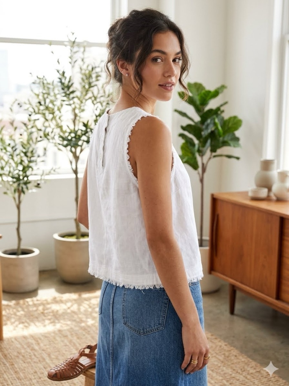 Thread & Supply White Linen Frayed-Edge Tank